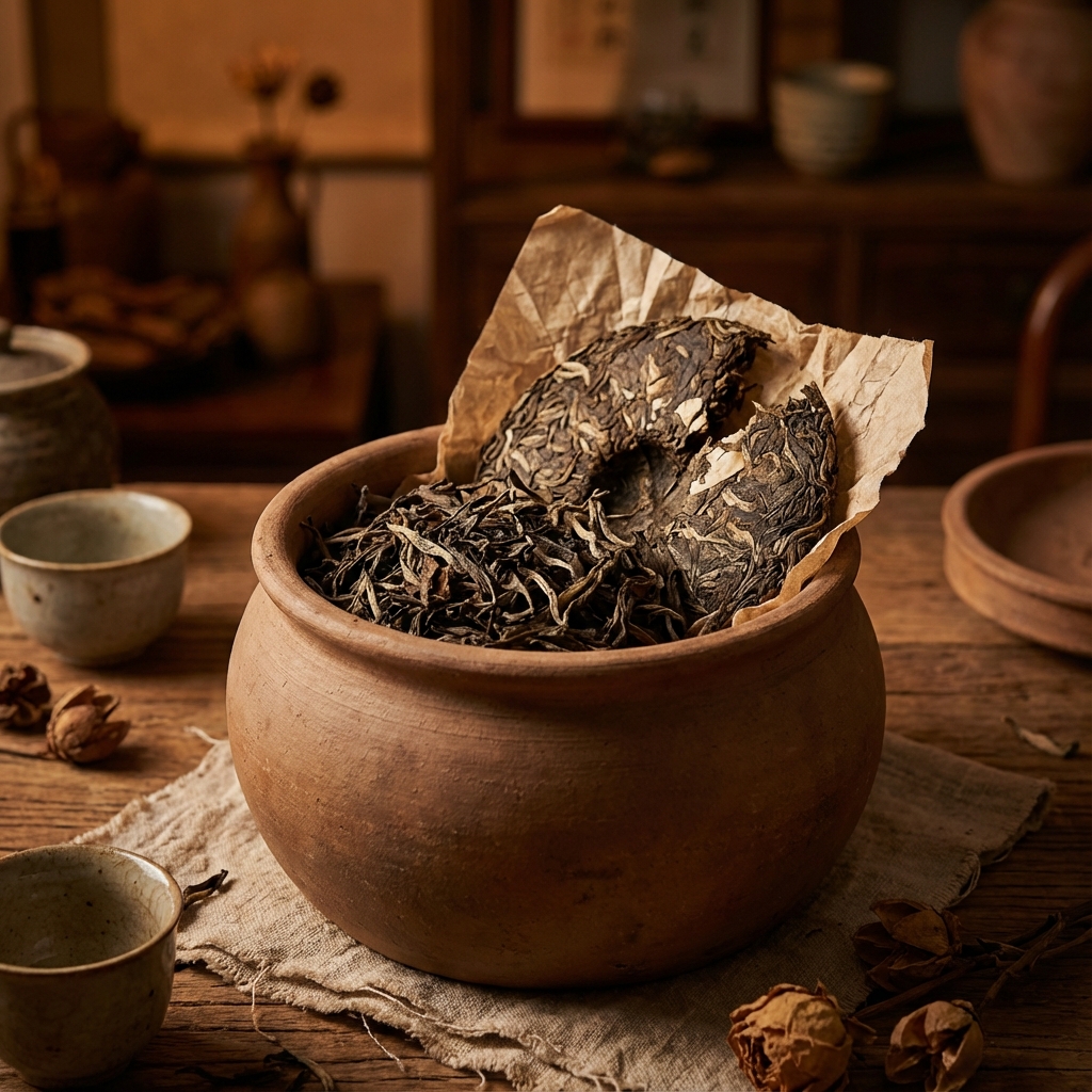 Pressed aged white tea cake with loose leaves